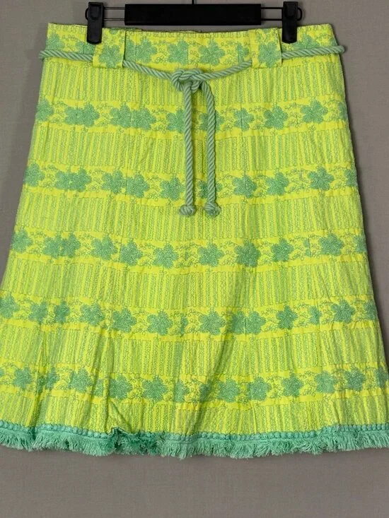 Nanette Lepore Aqua Neon Green Textured Skirt Fringe Hem Belted Size 8 Lined - Picture 1 of 7